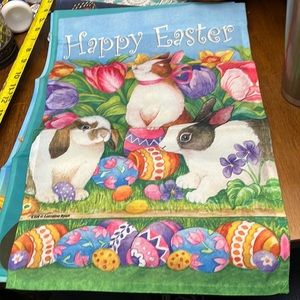 NWOT CUSTOM DECOR Happy Easter bunny, Easter egg tulip small garden flag 12”x18”